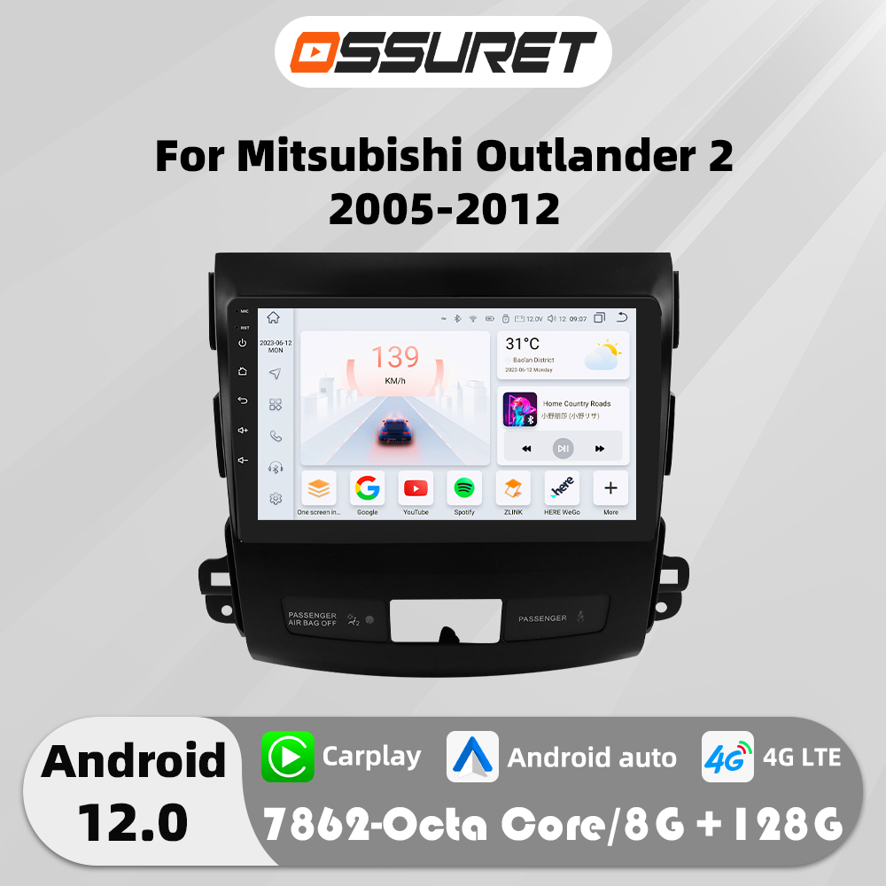 9"Android 12 Autoradio Carplay for Mitsubishi Outlander 2/Peugeot 4007/Citroen C-rosser multimedia Video player 4G GPS Stereo FM