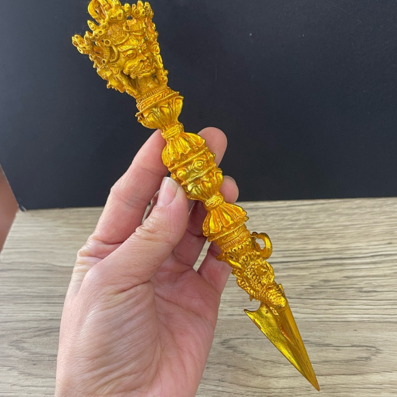 Cabeza de caballo dorada de cobre puro, Pestillo de asisado de demonio Vajra, instrumento Ritual, Pestillo Vajra, Pestillo de asisado de demonio, cobre puro dorado