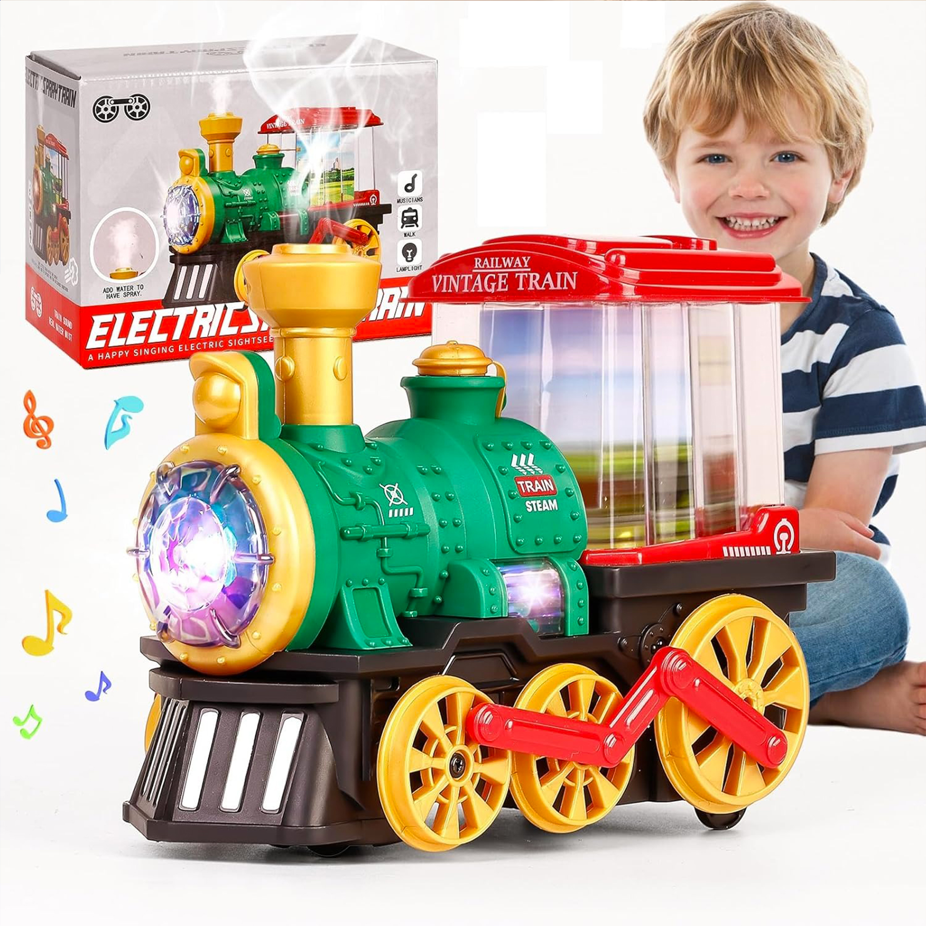 Elektrisch stoomtreinspeelgoed, valwagen met stoomlocomotief, rook, licht en geluid, 360 graden roterende kersttreinwagen