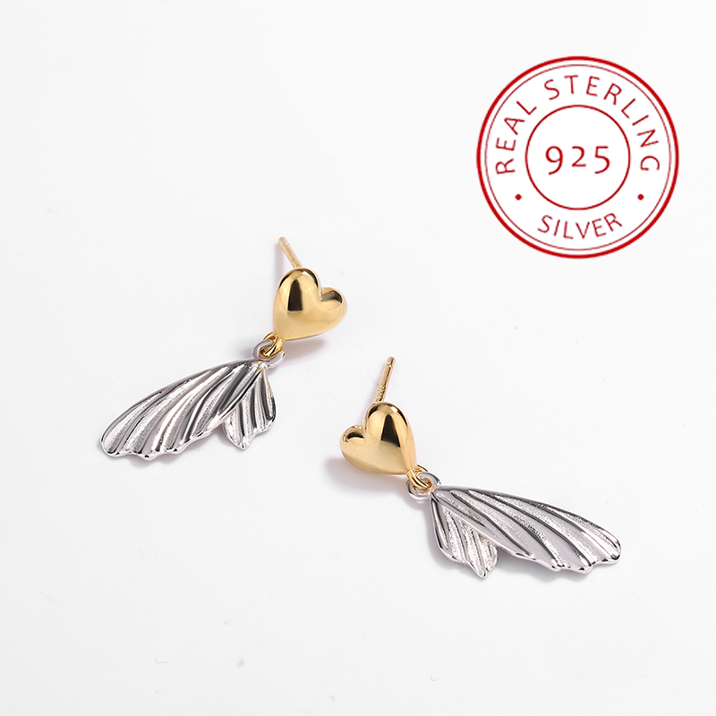 Autêntico ouro 14k penas asas amor brincos para mulheres, elegante e criativo, 2 cores, S925 prata