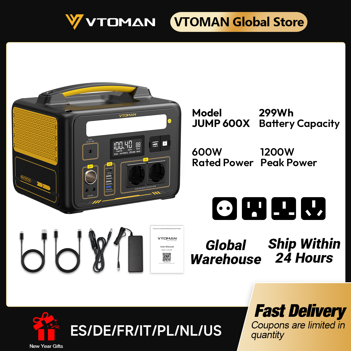 Портативная электростанция VTOMAN JUMP 600X, 299 Втч, солнечный генератор LiFePO4, 1200 Вт, пиковая электростанция, аварийное резервное копирование