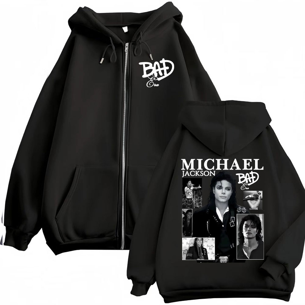 King of Pop Michael Jackson Bad Era Zipper Hoodie Pria Wanita Harajuku Streetwear Jaket Sweatshirt Fleece Kasual Zip Up Pullover