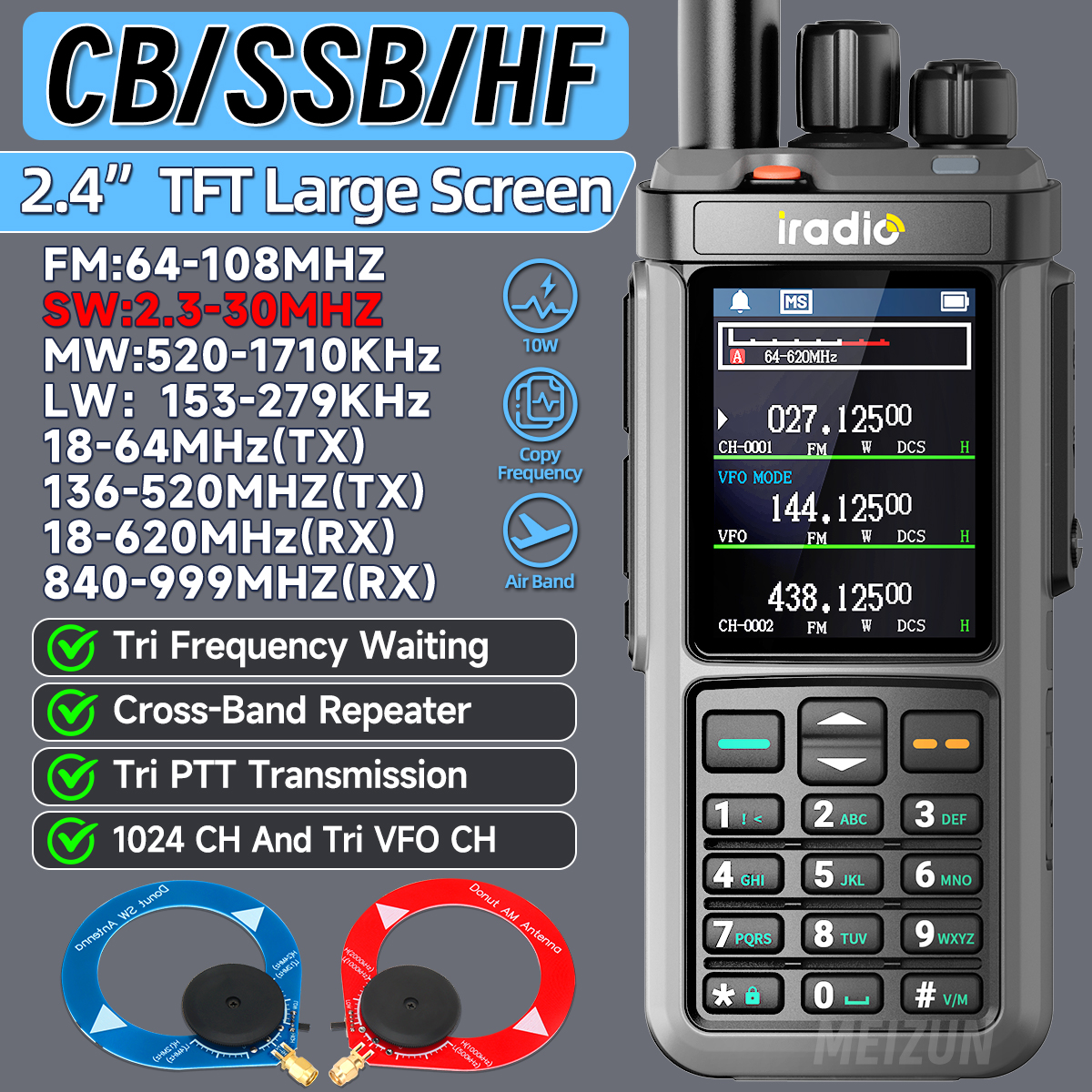 Iradio UV-98 PLUS Air Band Walkie Talkie repetidor de banda cruzada 2,4 "pantalla grande USB LSB CW CB SW MW LW SSB HF Radioaficionado multibanda