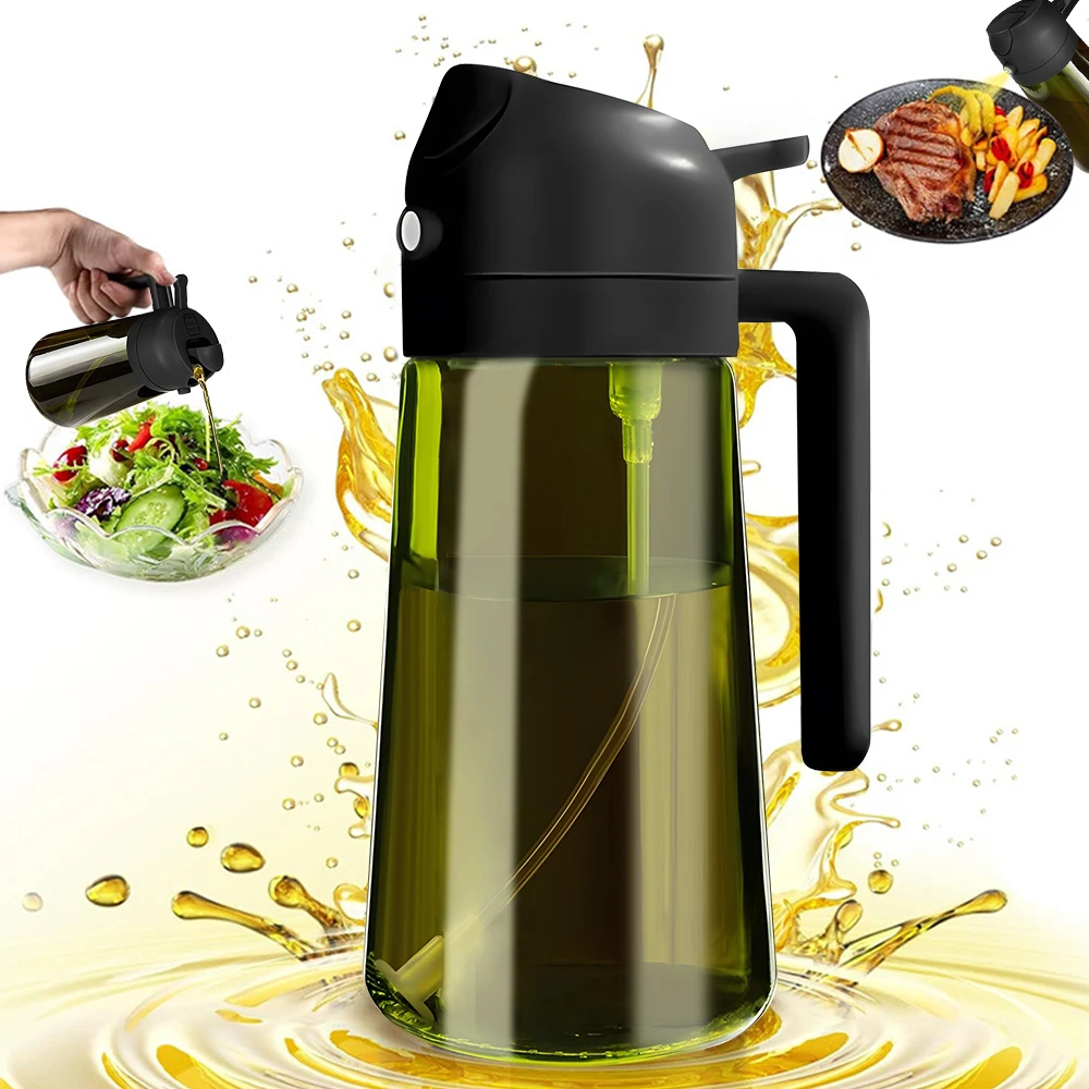 Pulverizador de aceite oscuro con bloqueo de luz de 470ML/16oz para cocinar, botella dispensadora de aceite de oliva 2 en 1 para cocina, botella de aceite de vidrio verde oscuro