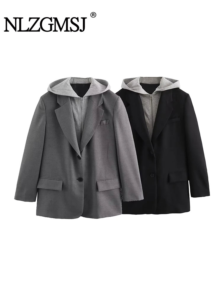 Traf 2024 Herbst Winter Kapuze Spleißen Blazer Frauen Einreiher Büro Blazer Frau Jacken Langarm Mantel neue Oberbekleidung