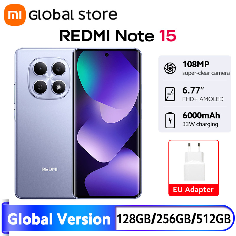 Global Version Xiaomi Redmi Note 15 4G Smartphone 108MP Camera 6.77" AMOLED MTK Helio G100-Ultra 128GB / 256GB ROM 33W 6000mAh