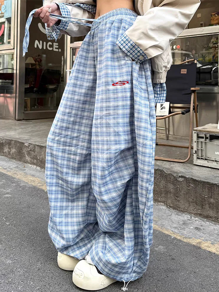 Zoki Streetwear Y2K Geruite Broek Vrouwen Vintage Amerikaanse Hoge Taille Kromzwaard Broek Harajuku Oversize Losse Bf Casual Broek Nieuw