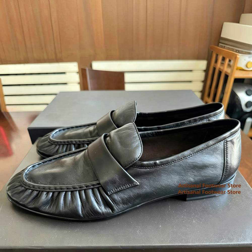 Black Ruched Soft Leather Loafers Slip On Leather Flat Shoes Vintage Gathered Toe Casual Shoes for Men Trendy Men's Dress Shoes