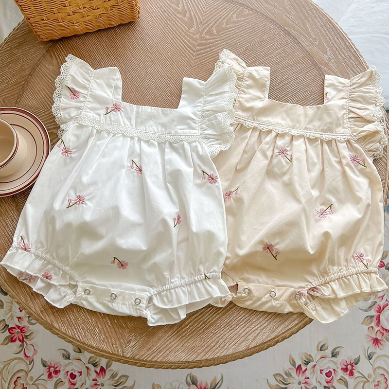 Tuta per neonata con maniche volanti in cotone con ricamo floreale Tutina per bambina per bambina Vestiti per bambina per l'estate