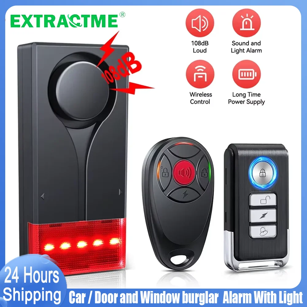 Extractme 108db alarme anti-roubo alarme de vibração sem fio com controle remoto alarme de porta e janela sistema de segurança de alarme de carro