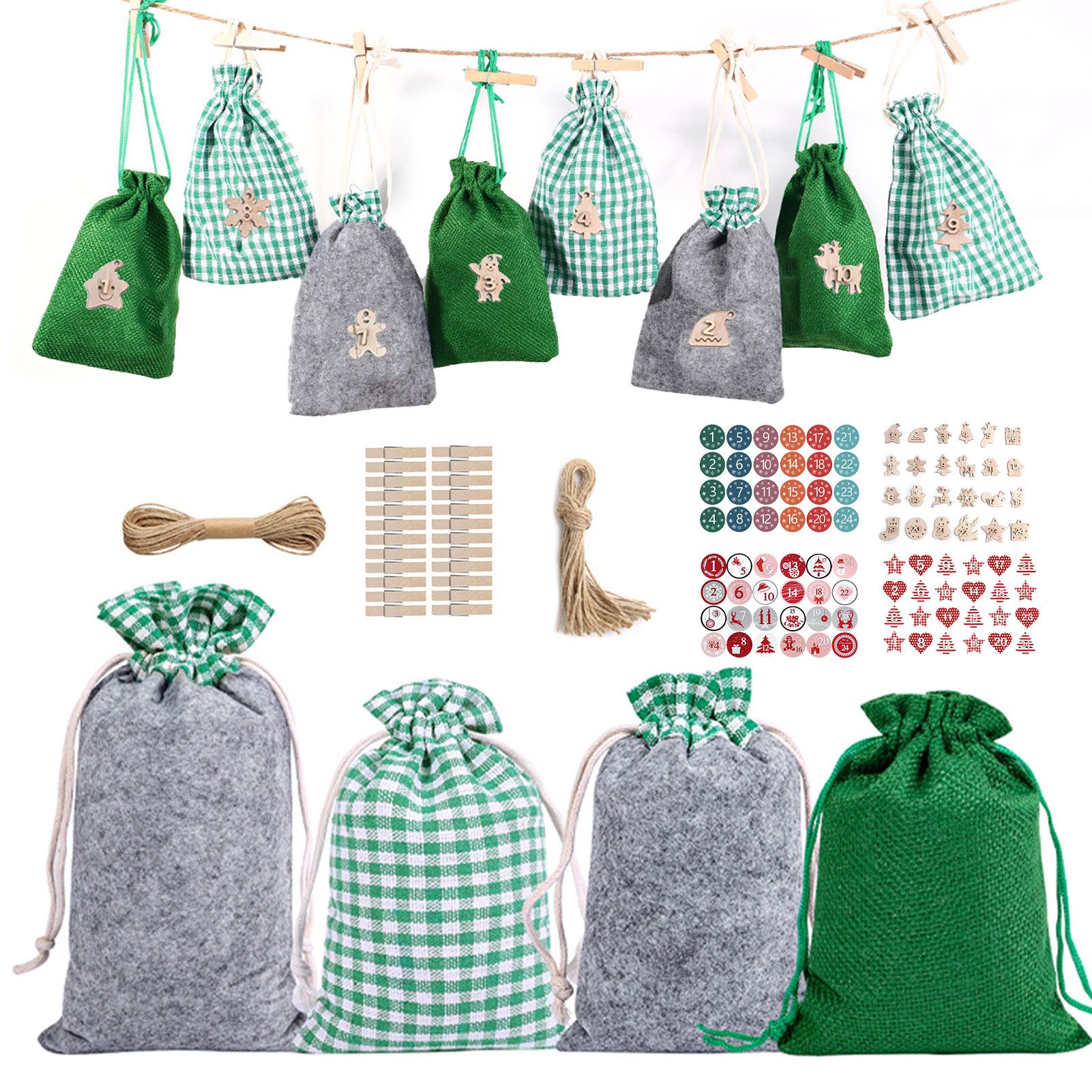 Bolsas de calendario de Adviento, juego de bolsas de regalo con cordón de Navidad, bolsas de regalo con cordón de cuenta regresiva colgantes de arpillera de 24 días para Navidad