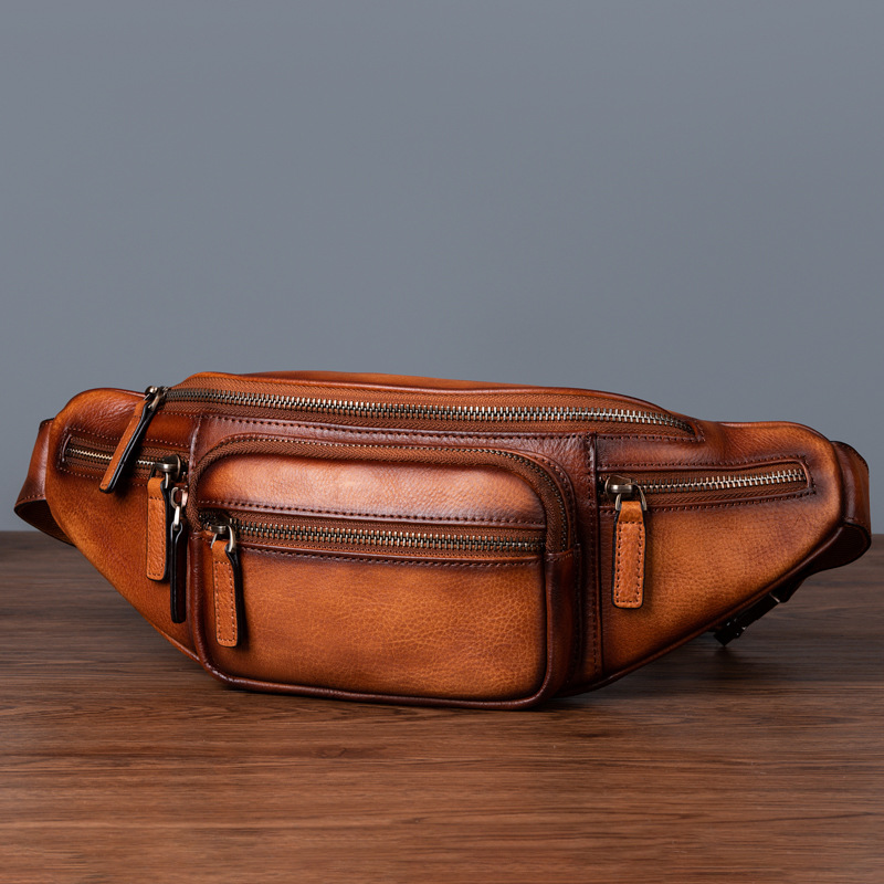 Riñonera de piel de vaca auténtica para hombre, bolso de hombro con bolsillos múltiples, Vintage