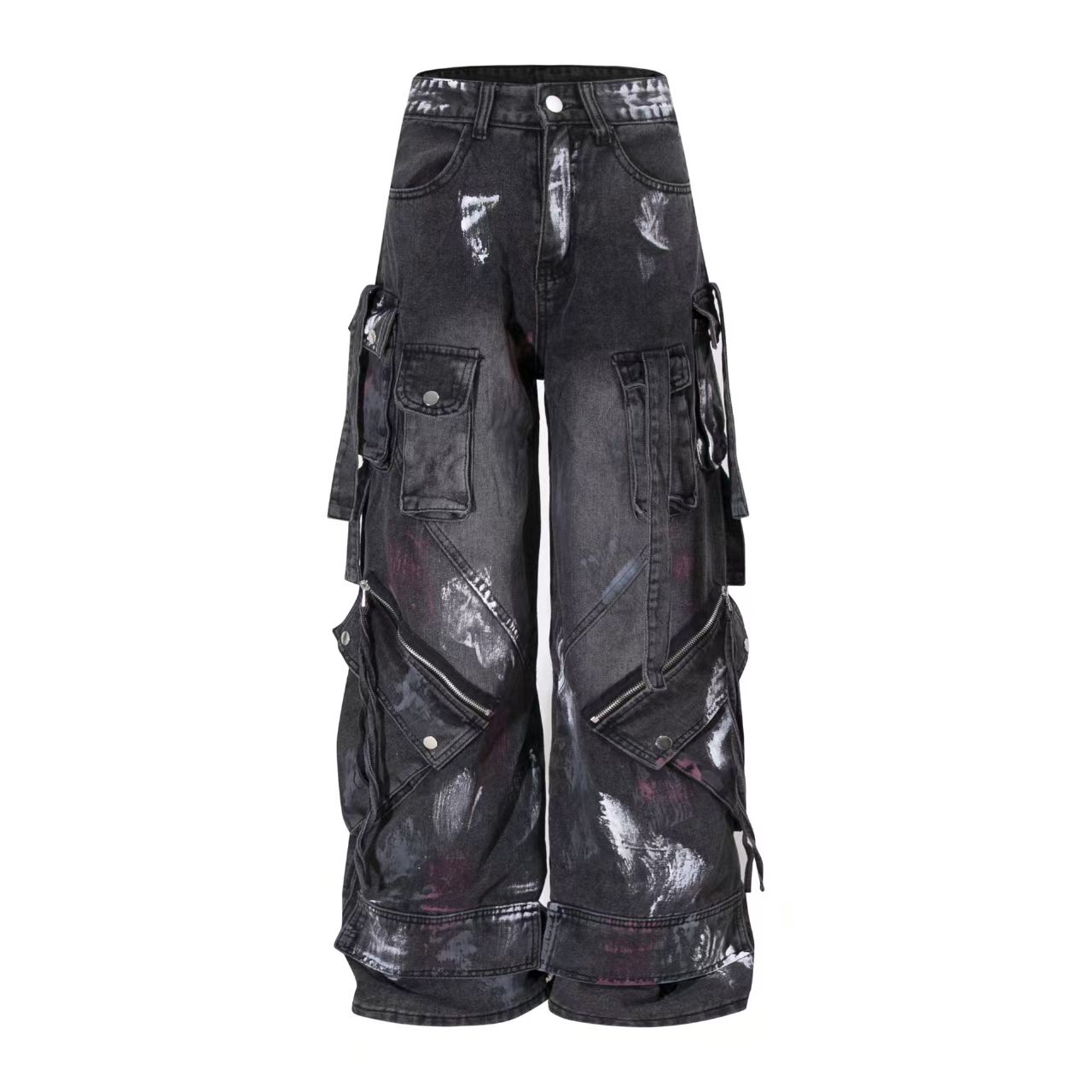 Amerikanische 2000er Heavy Industry Y2K Harajuku Gothic Multi-Pocket Washed Black Jeans für Männer und Frauen, Oversize Hip Hop Wide Leg Pants.