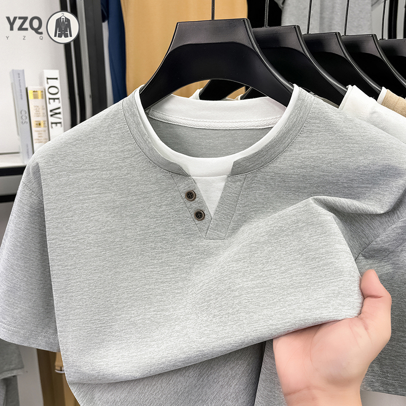 Camiseta masculina de manga curta com gola henley, falsa, duas peças, casual, respirável, slim fit, para homens, roupas do dia a dia