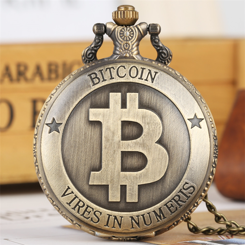 Reloj de bolsillo de cuarzo con diseño de Bitcoin de bronce antiguo, colgante de recuerdo con grabado exquisito, reloj de bolsillo, regalos para hombres y mujeres