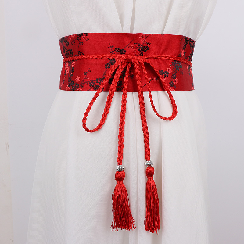 Japanese Traditional Clothing Kimono Wide Belt Women Sash Tie Streetwear Embroidered Fower Tassel Bandage Belt Yukata Obi