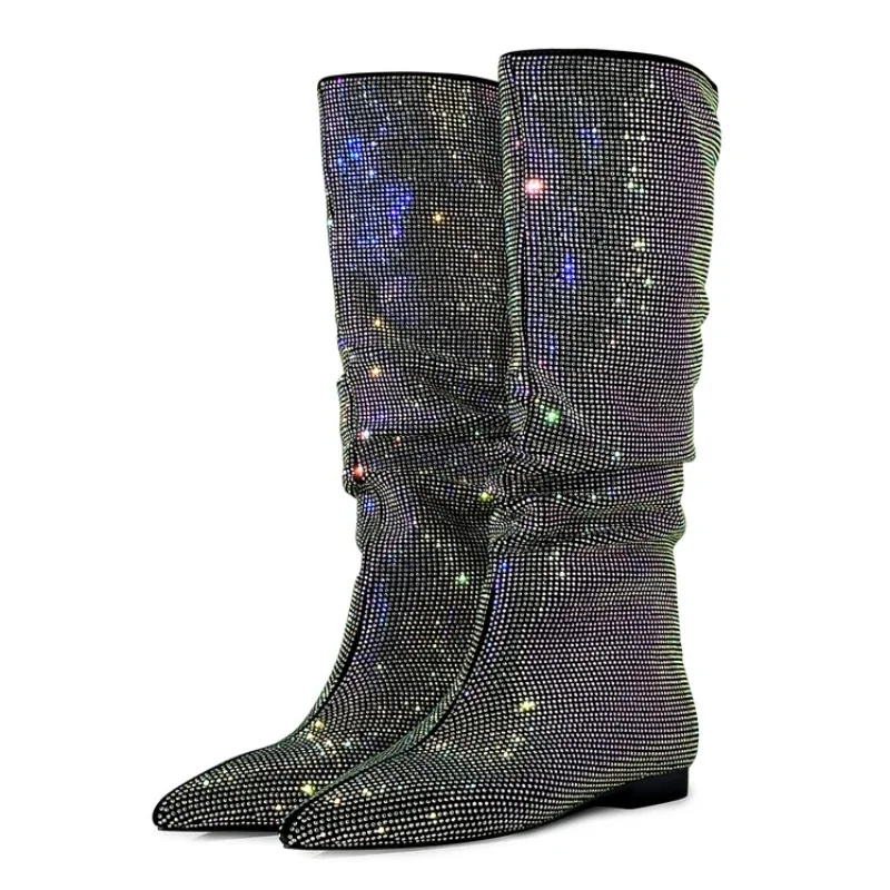 Botas plisadas plateadas de fondo plano para mujer, zapatos de tacón bajo de mezclilla puntiagudos, 36-47 talla grande, grano de piedra, hasta la rodilla, Sexy