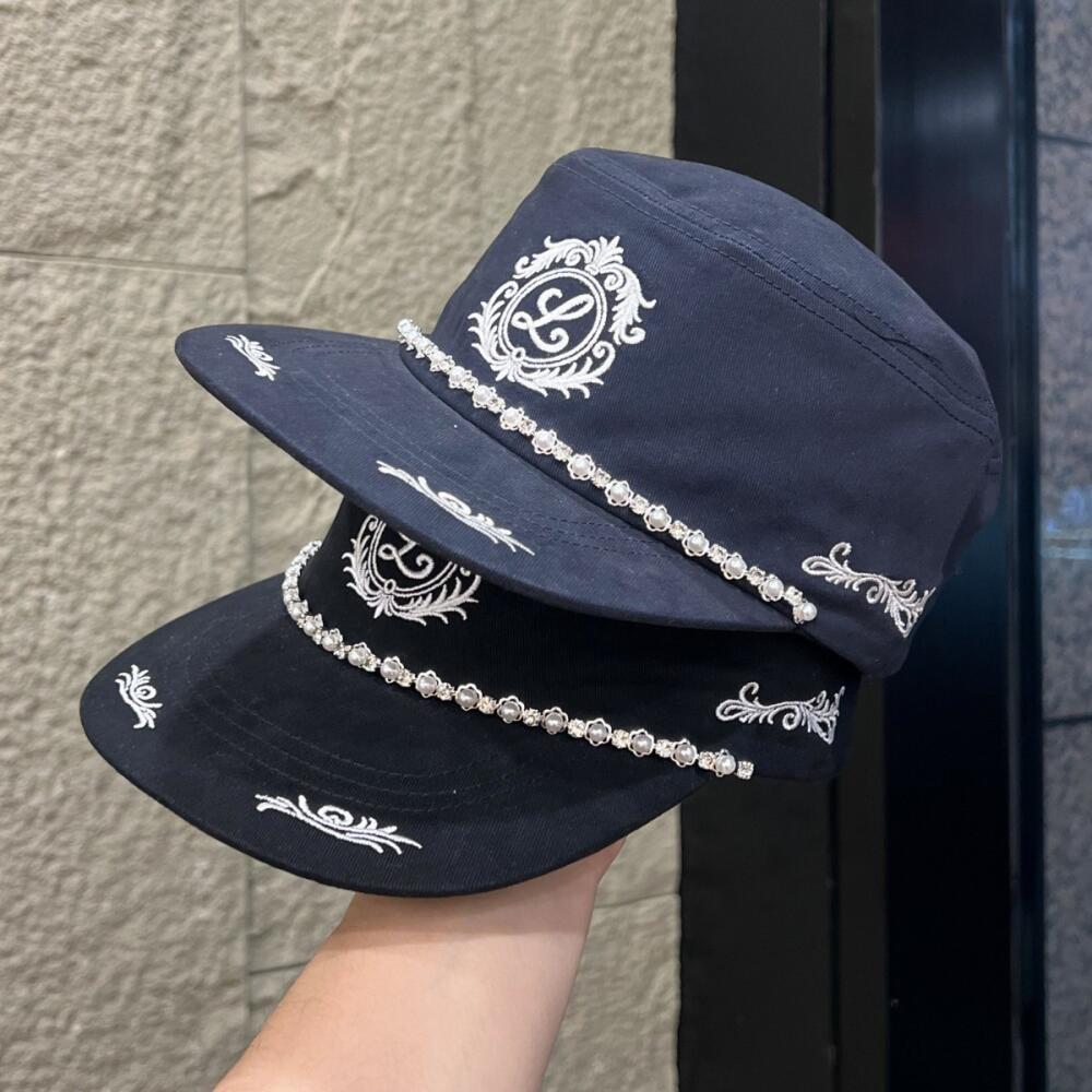 Topi Bisbol Pinggiran Datar Vintage Retro Katun Bordir Mutiara Berlian Imitasi untuk Pria Wanita Streetwear Camping
