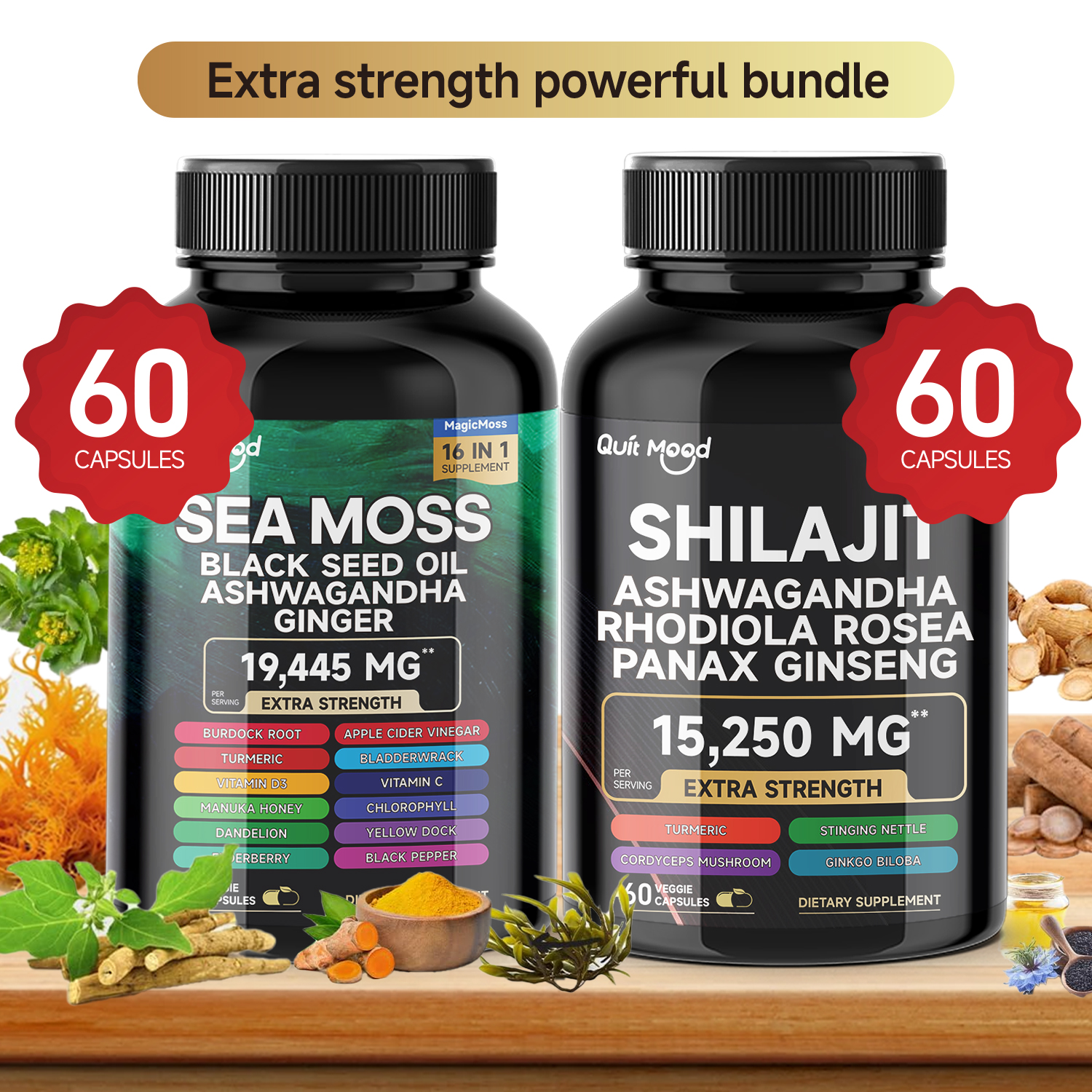 Quitmood Sea mech Shilajit pakiet energii dla mężczyzn i kobiet, z czarnym olejem z nasion, Ashwagandha, imbirem, korzeń łopianu, kurkumą