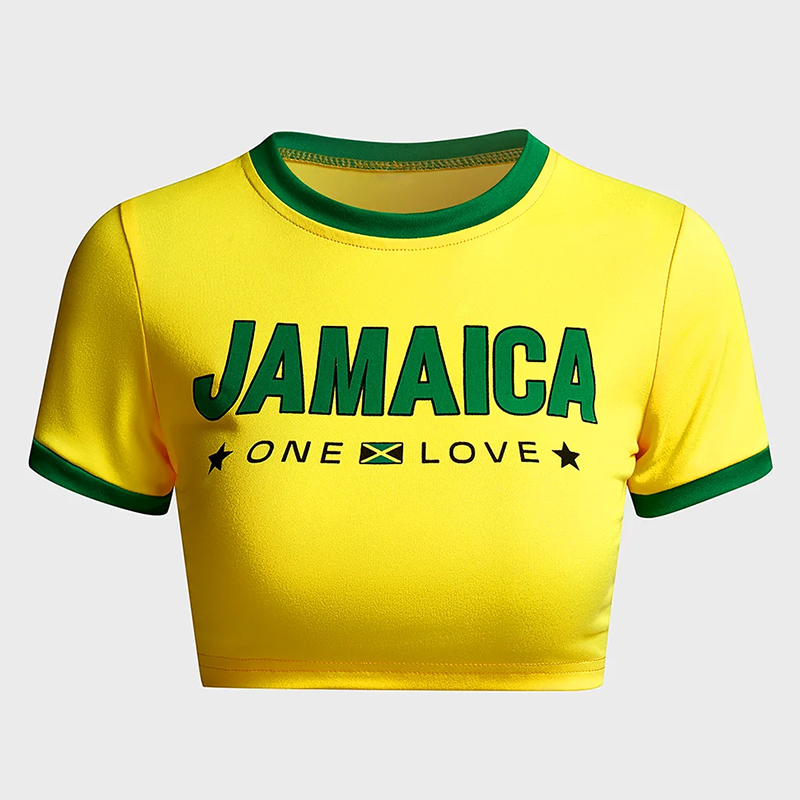 O-Neck Short Sleeve Slim Baby Tees Y2K Grunge Casual Crop Tops Jamaica Letter Printed Streetwear Gothic T-shirts Women Summer