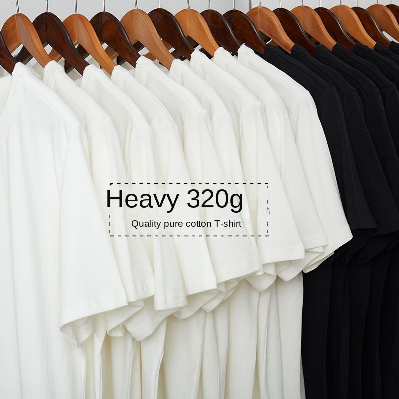Camiseta japonesa de manga corta para hombre, Camisa de algodón puro con escote grueso, color blanco puro, Media manga, 320G