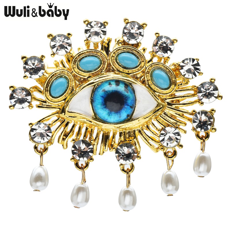 Wuli&baby Urocze broszki z niebieskimi oczami dla kobiet Unisex Rhinestone Pearl Eyes Party Broszki biurowe Szpilki Prezenty