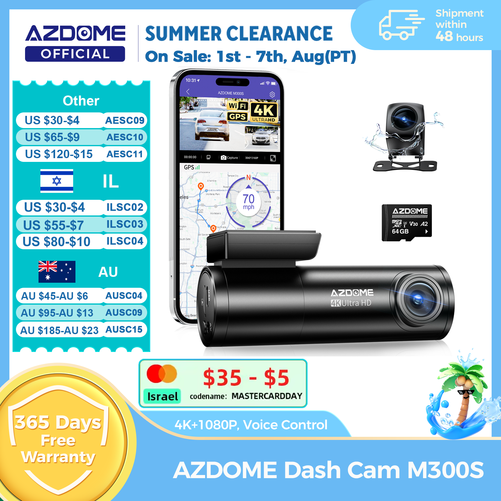 Caméra embarquée AZDOME M300S 4K avant et arrière, avec ADAS intégré, WiFi, GPS, carte 64 Go offerte, commande vocale, vision nocturne