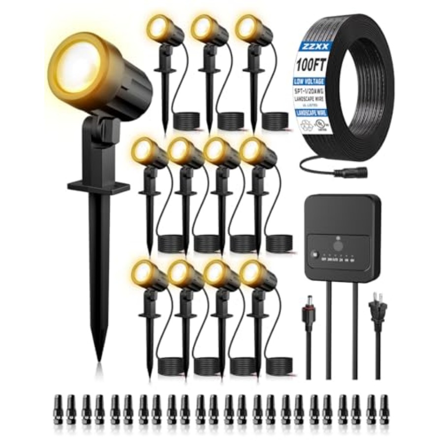 Kit d'éclairage paysager basse tension tout-en-un - Pack de lampes LED pour extérieur avec transformateur, câble de 30 mètres et connecteurs 2700K Wat