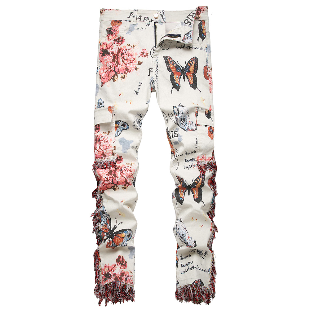 Heren vlinderprint denim jeans bloemenpatroon witte stretch katoen slanke broek kwastjes multi zakken cargobroek goede kwaliteit