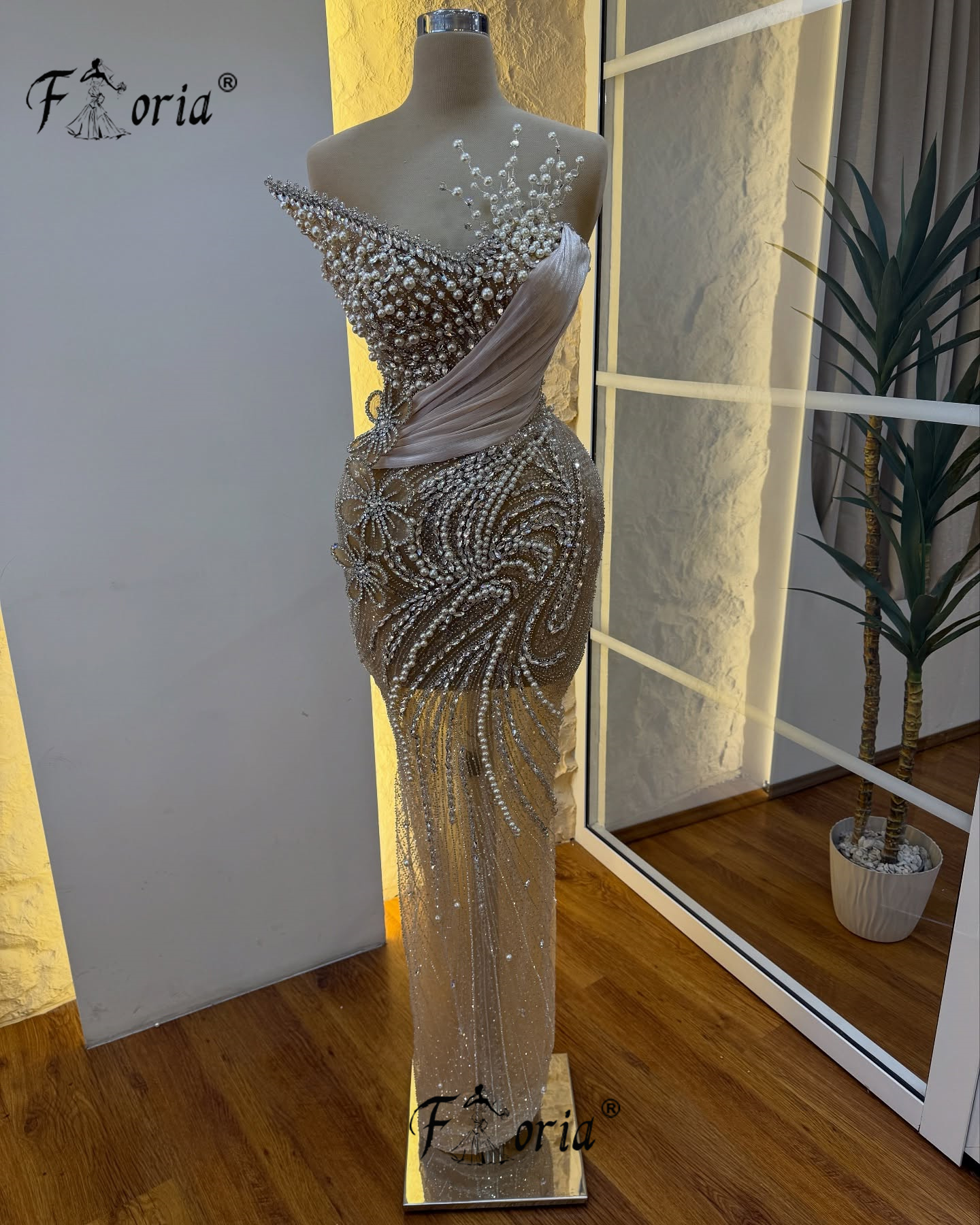 Moderne Perlen Perlen Meerjungfrau Abendkleid Champagner Applikationen 3D Prom Kleider Luxus Frau Party Robe de soiree Angepasst 2025
