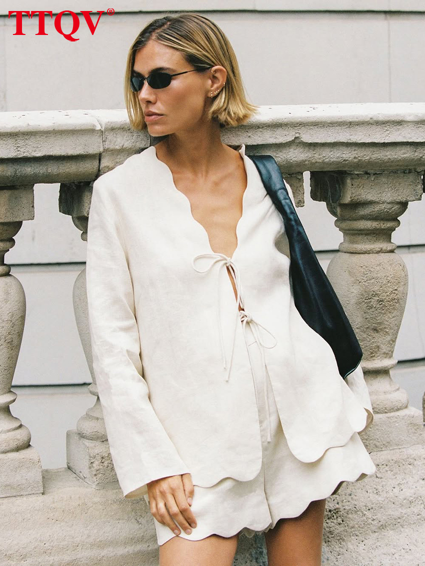 TTQV-Conjunto de 2 piezas de algodón blanco holgado para mujer, camisa Sexy de manga larga con pantalones cortos de cintura alta, ropa femenina 2026