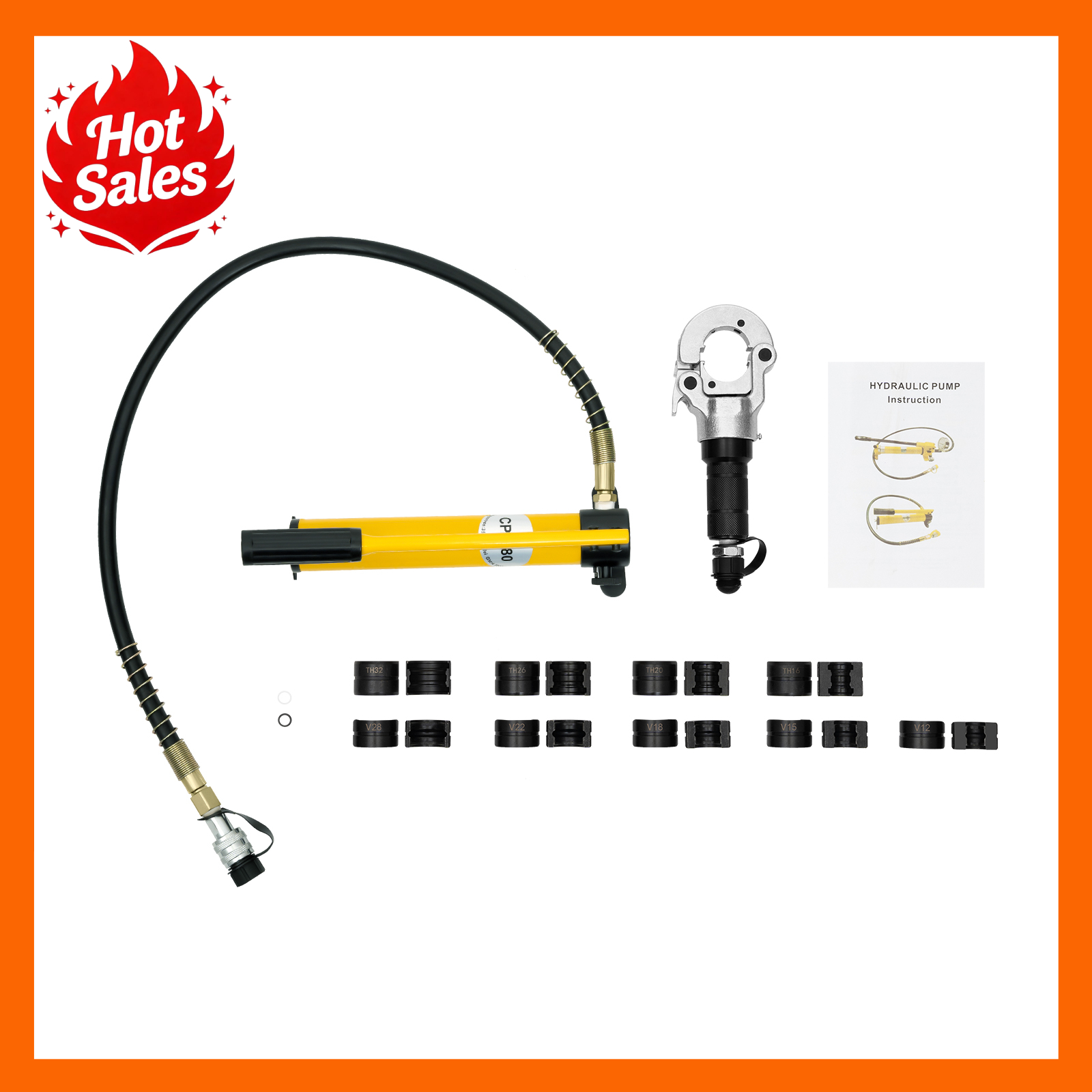 Outil de sertissage hydraulique Bymaocar 6 tonnes, sertisseur de tubes en cuivre hydraulique 360 °   Jeu de matrices en acier CR45 à tête pivotante, type V 12-28 TH16-32, mâchoires en acier au carbone forgé, haute pression 700 kg/cm², usage industriel dur
