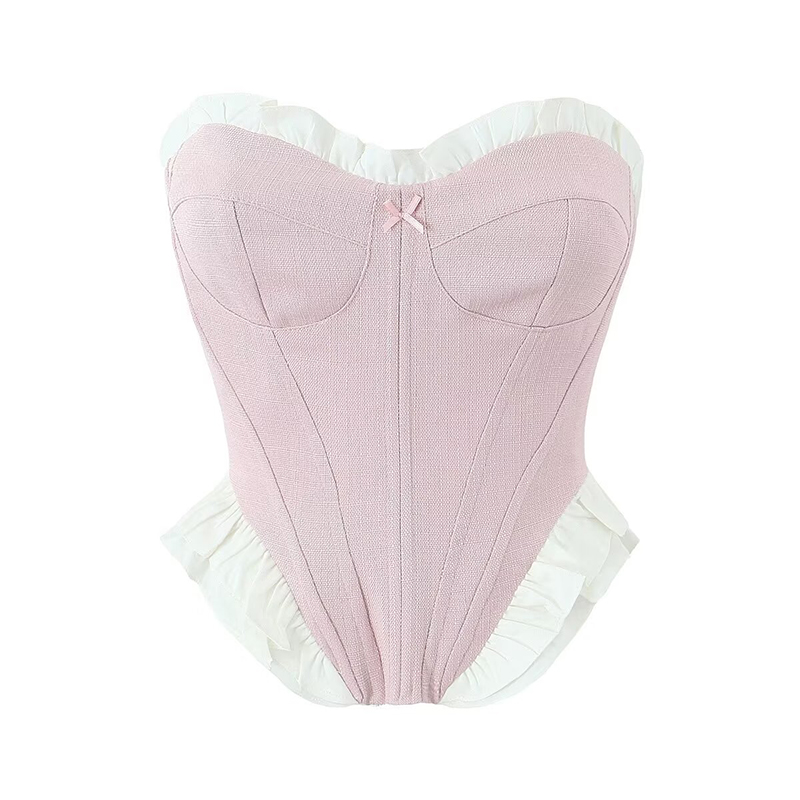 YENKYE Sexy Women Sweet Patchwork Fish Bone Slim Fit Strapless Top Chic Party Summer Crop Top