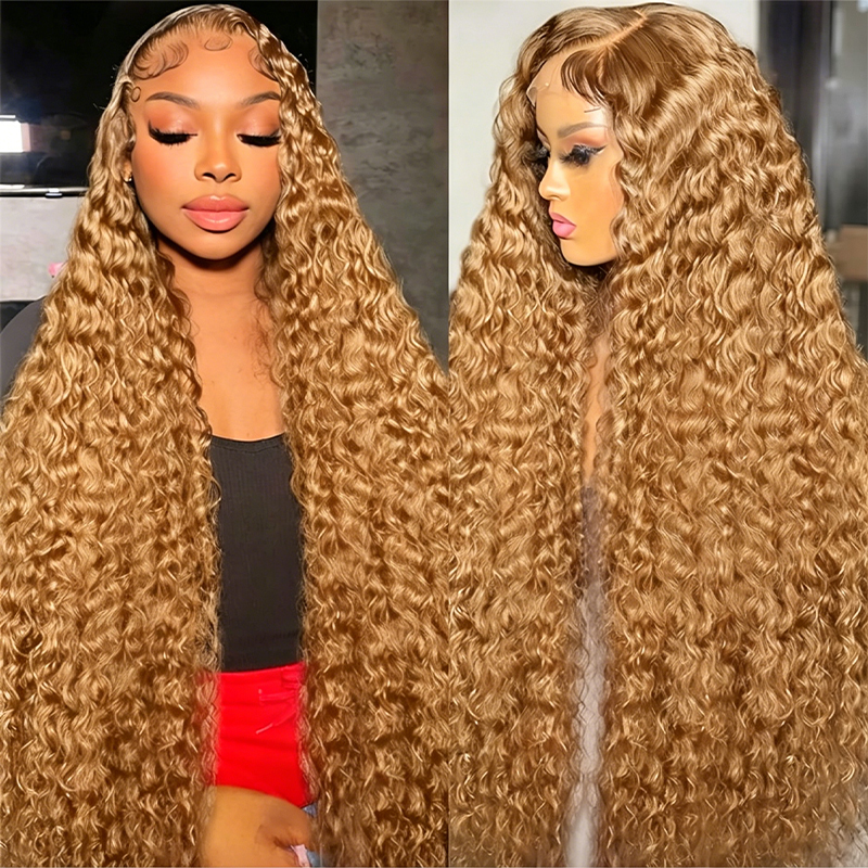 Peluca de Cabello Humano con Frente de Encaje Transparente HD 13x6, Ondas Profundas, Rubio Miel, 30 Pulgadas, Pre-Desplumada # Peluca Rizada de 27 Colores