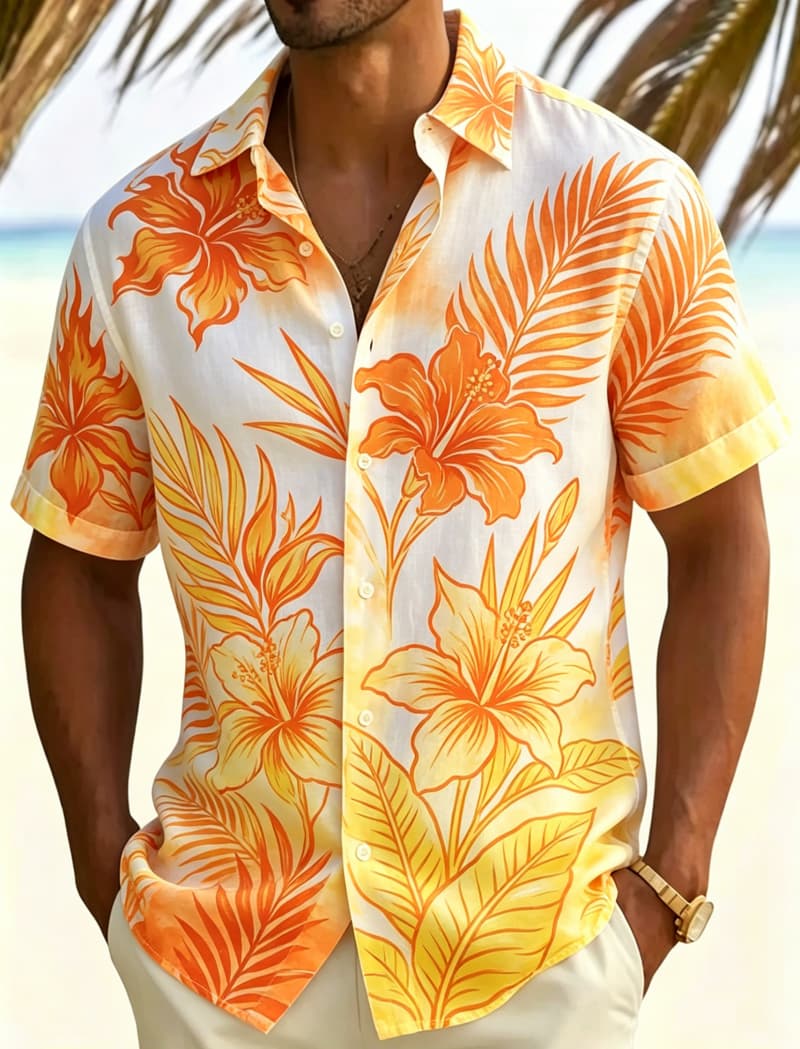 Camisa Casual Masculina com Estampa de Flores e Folhas Tropicais em Aquarela, Top Respirável para Encontros Casuais de Verão e Uso Diário Básico