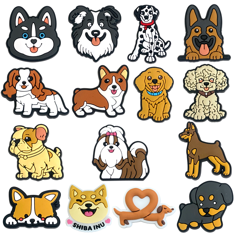 ノベルティ15ピース/セットダルメシアン靴チャームdiy pekingese靴バックルアクセサリーPVC靴デコレーションクリスマスギフト子供パーティー