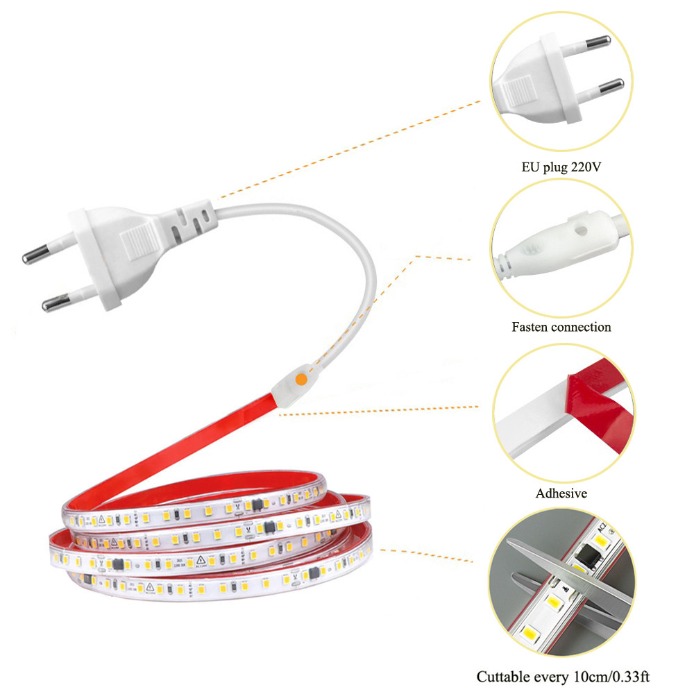Tira de luces LED de 120LED/m, 220v, Flexible y 10cm, barra de lámpara suave cortable, cinta adhesiva 2835, enchufe europeo, tocador, armario, decoración del hogar
