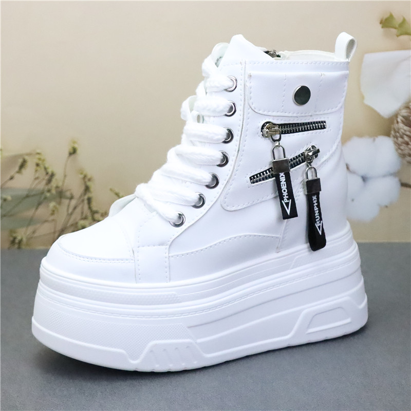 Neue weiße Leder-High-Top-Turnschuhe für Damen, 12 cm, Plateau-High-Heels, lässige Schnürschuhe für kurze Mädchen, modische Streetwear