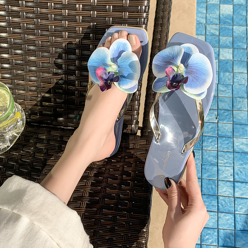 Nuevas chanclas, zapatillas para mujer, Sandalias planas con punta cuadrada de verano 2025, zapatillas informales para exteriores, zapatos de flores a la moda para mujer