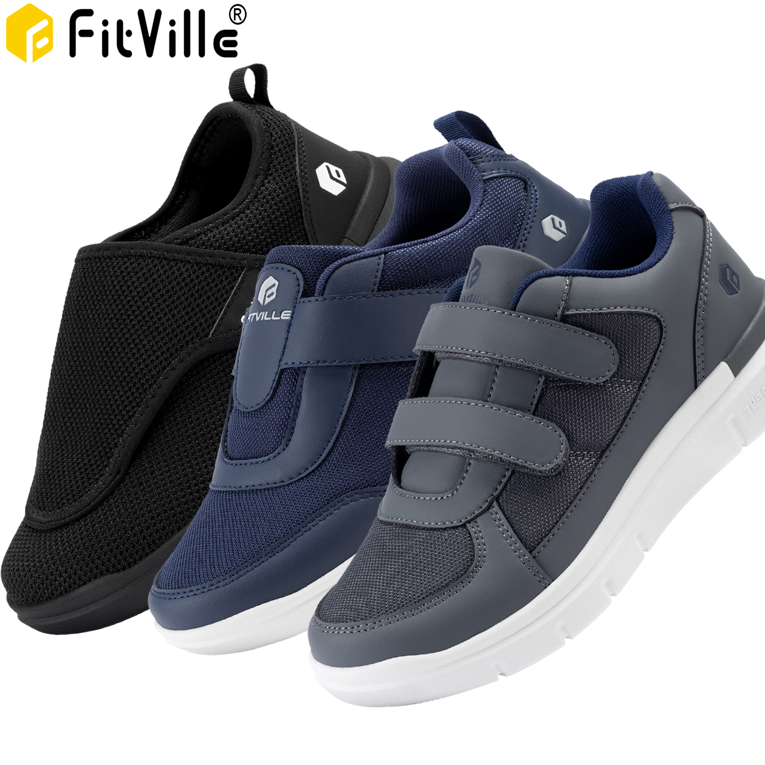 Обуви FitVille мужские диабетические, сверхширокие регулируемые для пожилых, ортопедическая обувь для ходьбы, снятие боли в ступнях