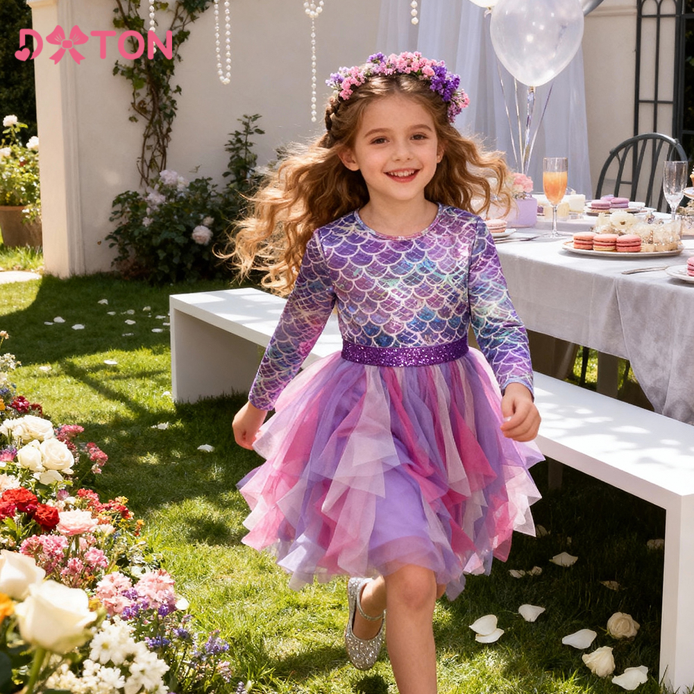 DXTON-vestido de princesa de otoño, vestido de sirena para fiesta de cumpleaños para niñas, disfraces de manga larga irregulares en capas para graduación para niños de 3 a 8 años