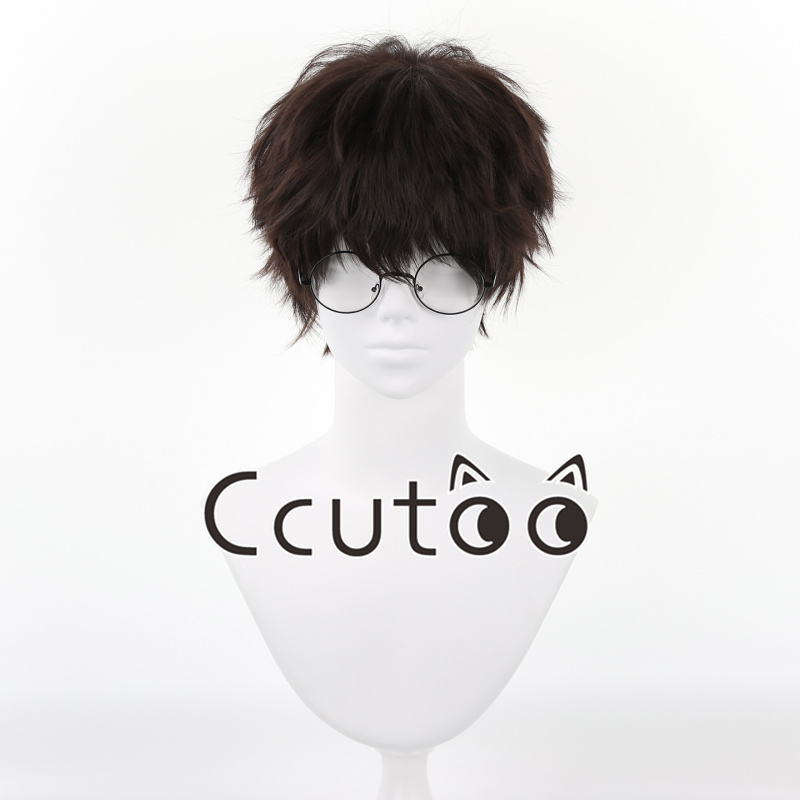Wig Cosplay Pria Rambut Sintetis Penuh Anime Tahan Panas Coklat Tua Pendek dengan Kacamata