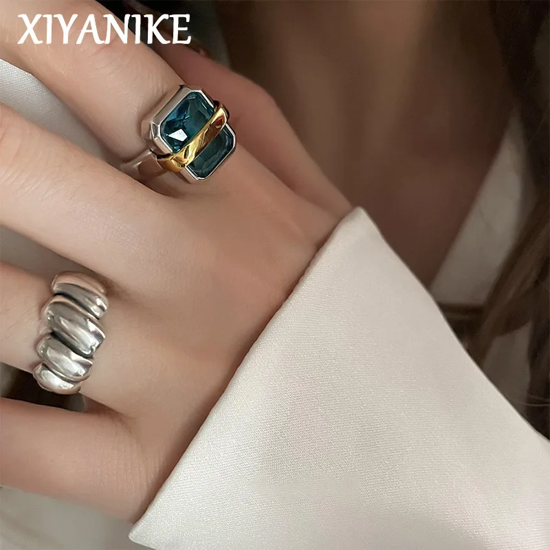 XIYANIKE Vintage Square Blue Zircon Open Cuff Finger Rings for Women New Korean Fashion Jewelry Girl Gift Party кольцо ж