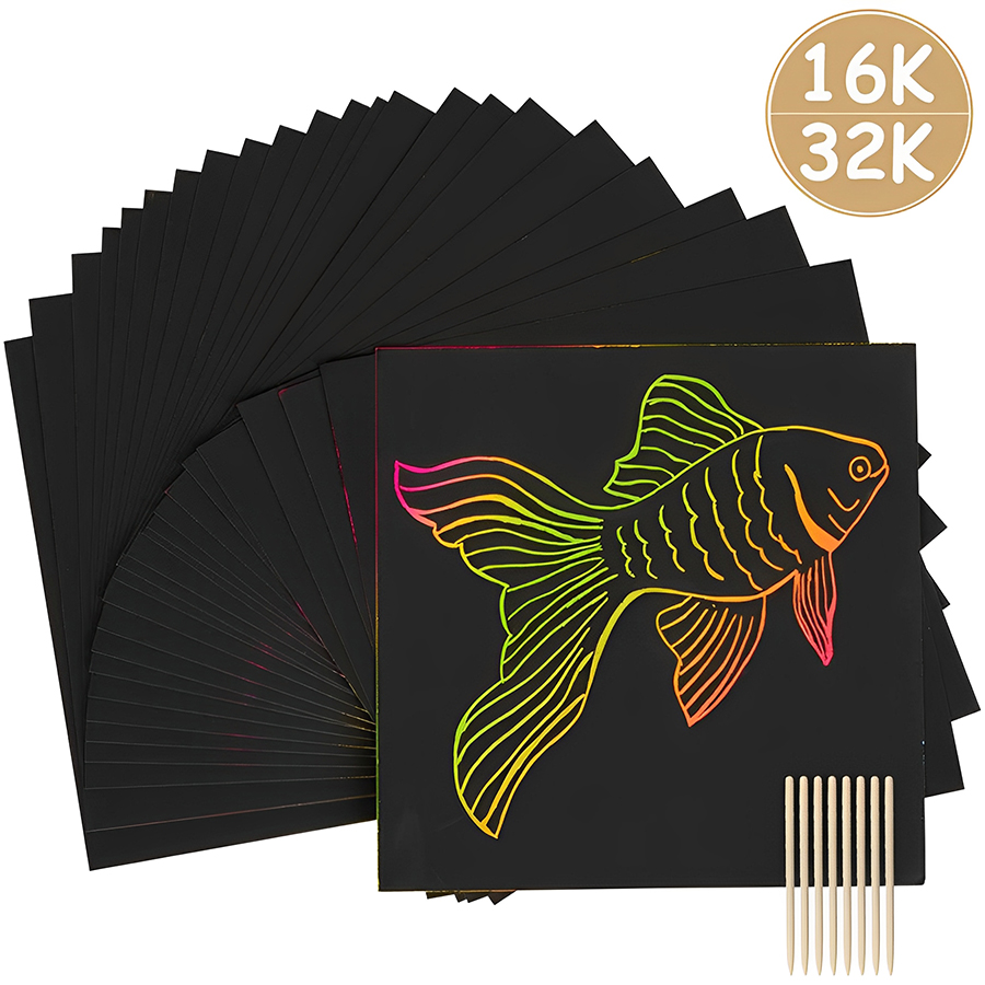 10-40 Uds. Papel rascador negro de 16/32K, papel para raspar pintura DIY con palo de bambú, Kit de pintura artística de papel de dibujo colorido