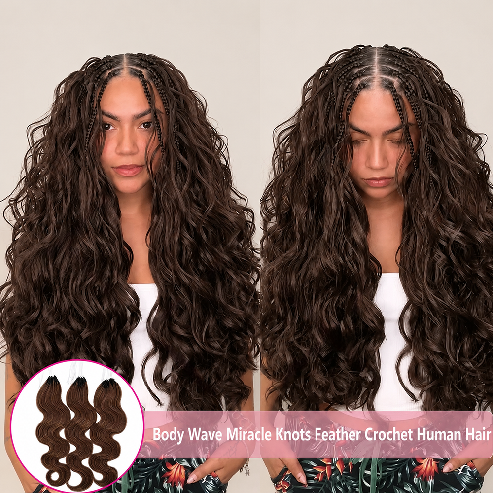 30 Inch Chocoladebruine Crochet Haarverlengingen van Echt Haar, Body Wave, 12A Knotless Pre-Separated Crochet Virgin Feather Afro Haar Extensions voor Vrouwen