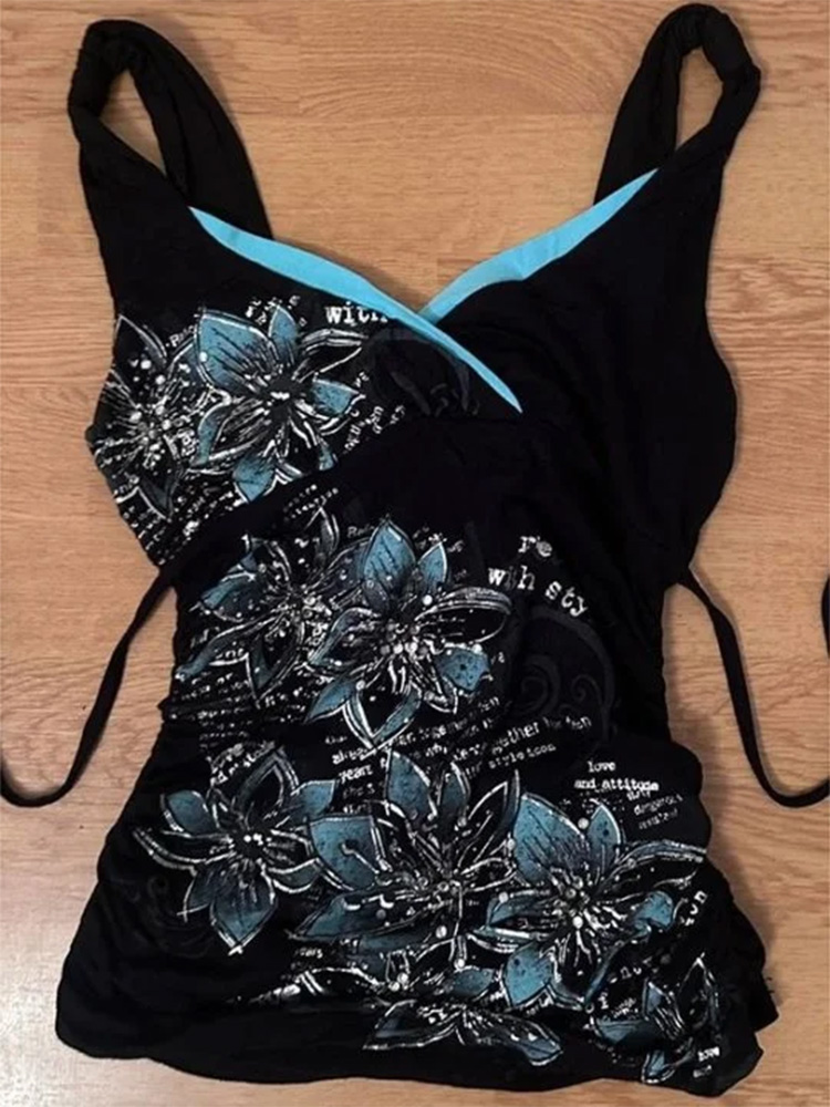 Top Canotta Estiva da Donna Nera Blu con Stampa Floreale, Scollo a V, Lavorazione a Costine, Coulisse Laterale, Stile Y2K Retrò Trendy, Vestibilità Slim, Sexy e Casual per Tutti i Giorni