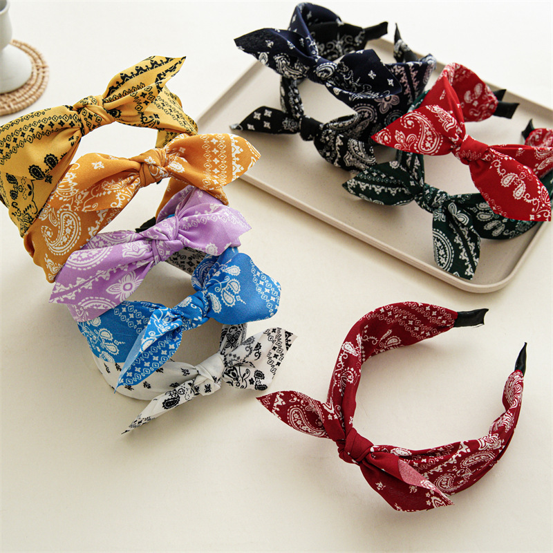 Moda cotone anacardi fiori stampa morbido ampio cerchietto per capelli accessori per capelli per le donne casual fiocco croce fascia etnica all'ingrosso