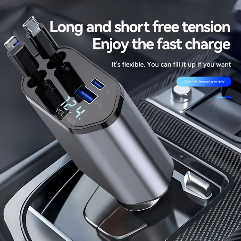 Cargador de coche 4 en 1 de 120W, adaptador de encendedor de cigarrillos retráctil para coche, Cable de cargador rápido USB tipo C para IPhone, Xiaomi, Huawei y Samsung