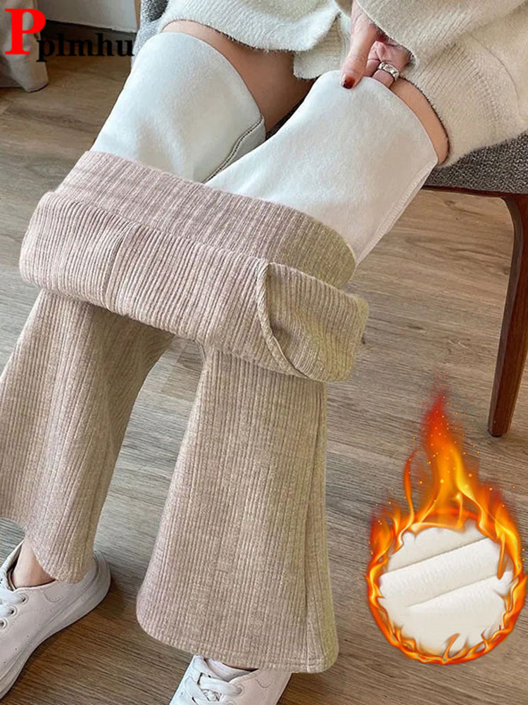 Quente engrossar mais veludo alargamento calças de inverno elegante das mulheres pantalones moda coreana cintura alta magro calças forradas de pelúcia 90cm
