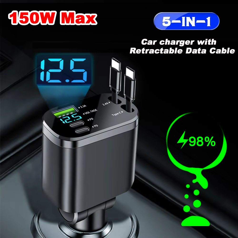 Cargador de coche retráctil 5 en 1, Cable retráctil USB tipo C PD para iPhone, Samsung, Cable de carga rápida, adaptador de encendedor de cigarrillos